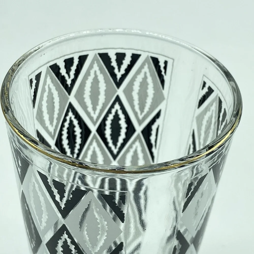 Libbey Harlequin Black & White Atomic Argyle Tumblers Set Of 7 MCM Retro Barware