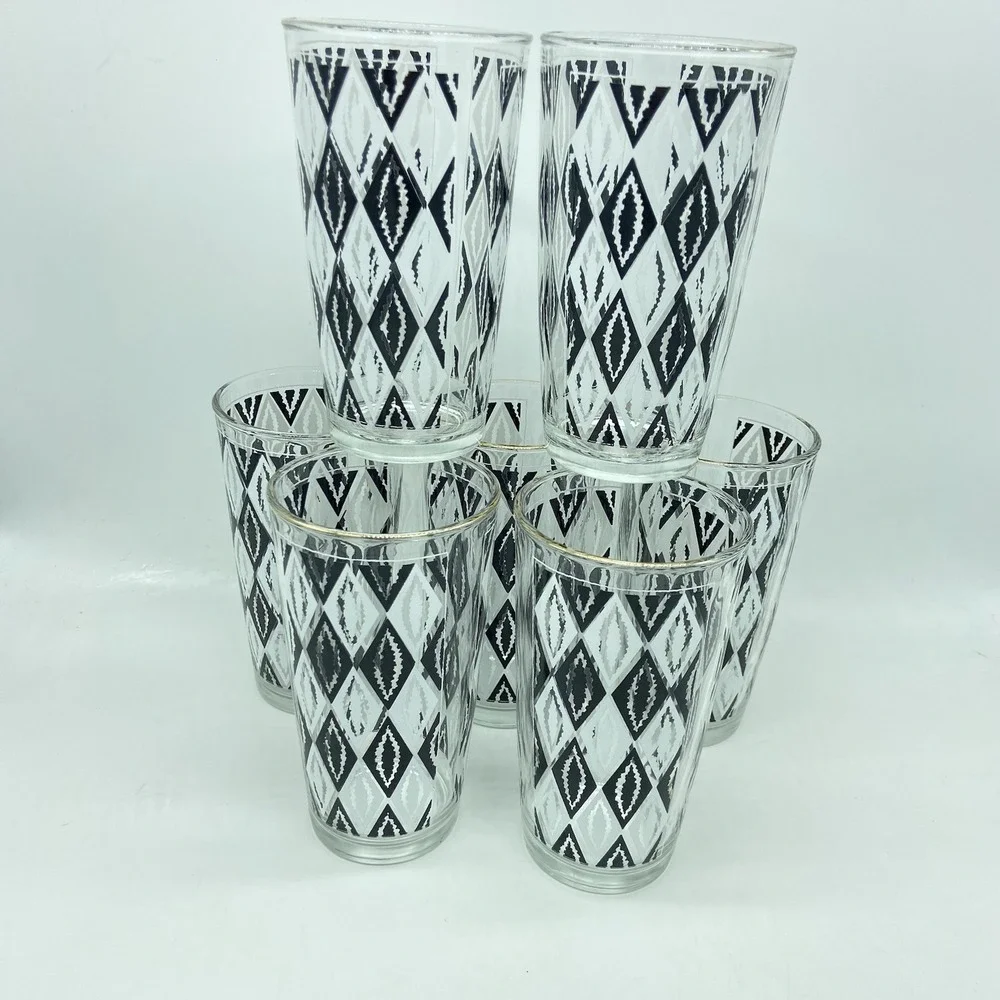 Libbey Harlequin Black & White Atomic Argyle Tumblers Set Of 7 MCM Retro Barware
