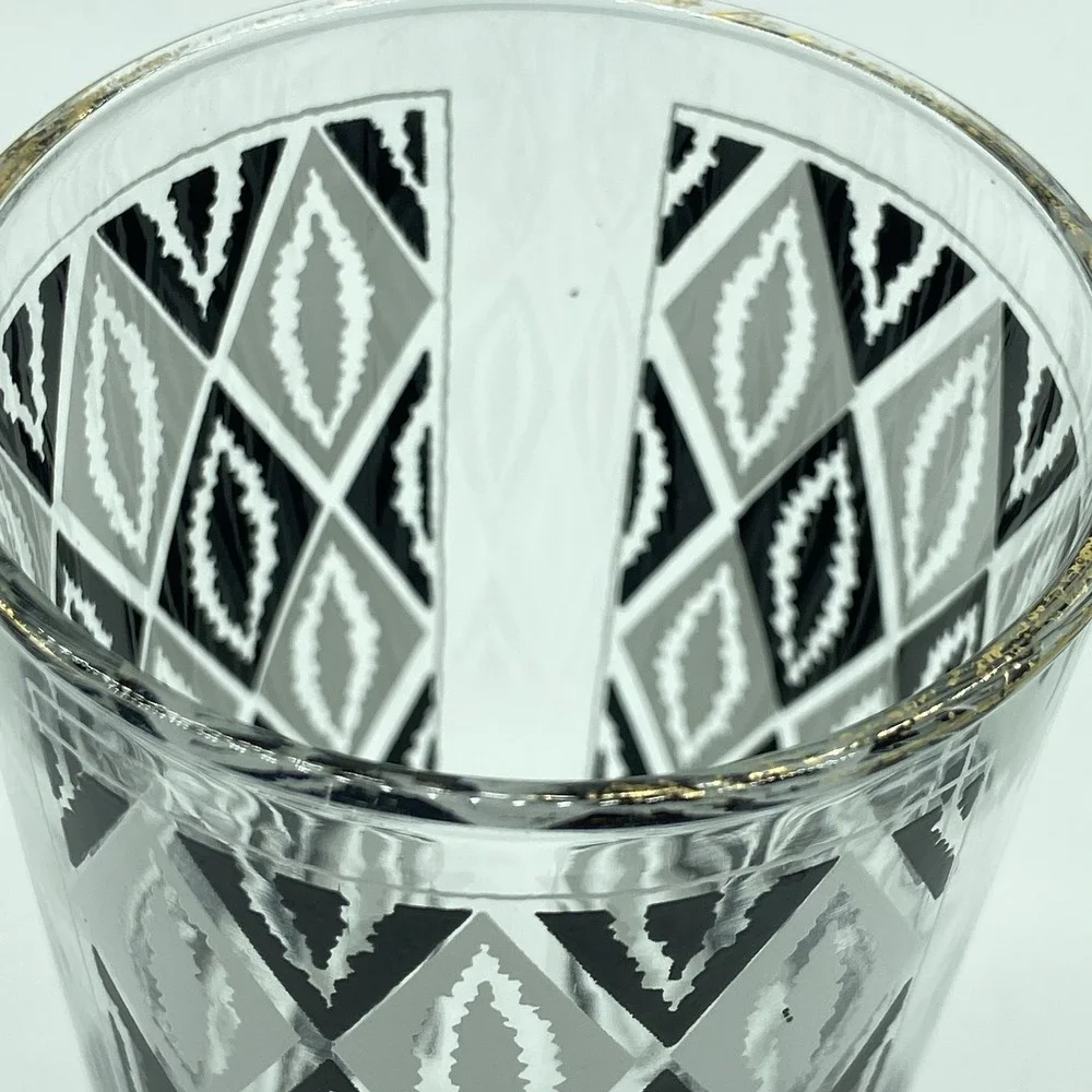 Libbey Harlequin Black & White Atomic Argyle Tumblers Set Of 7 MCM Retro Barware