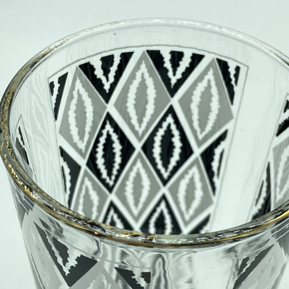 Libbey Harlequin Black & White Atomic Argyle Tumblers Set Of 7 MCM Retro Barware