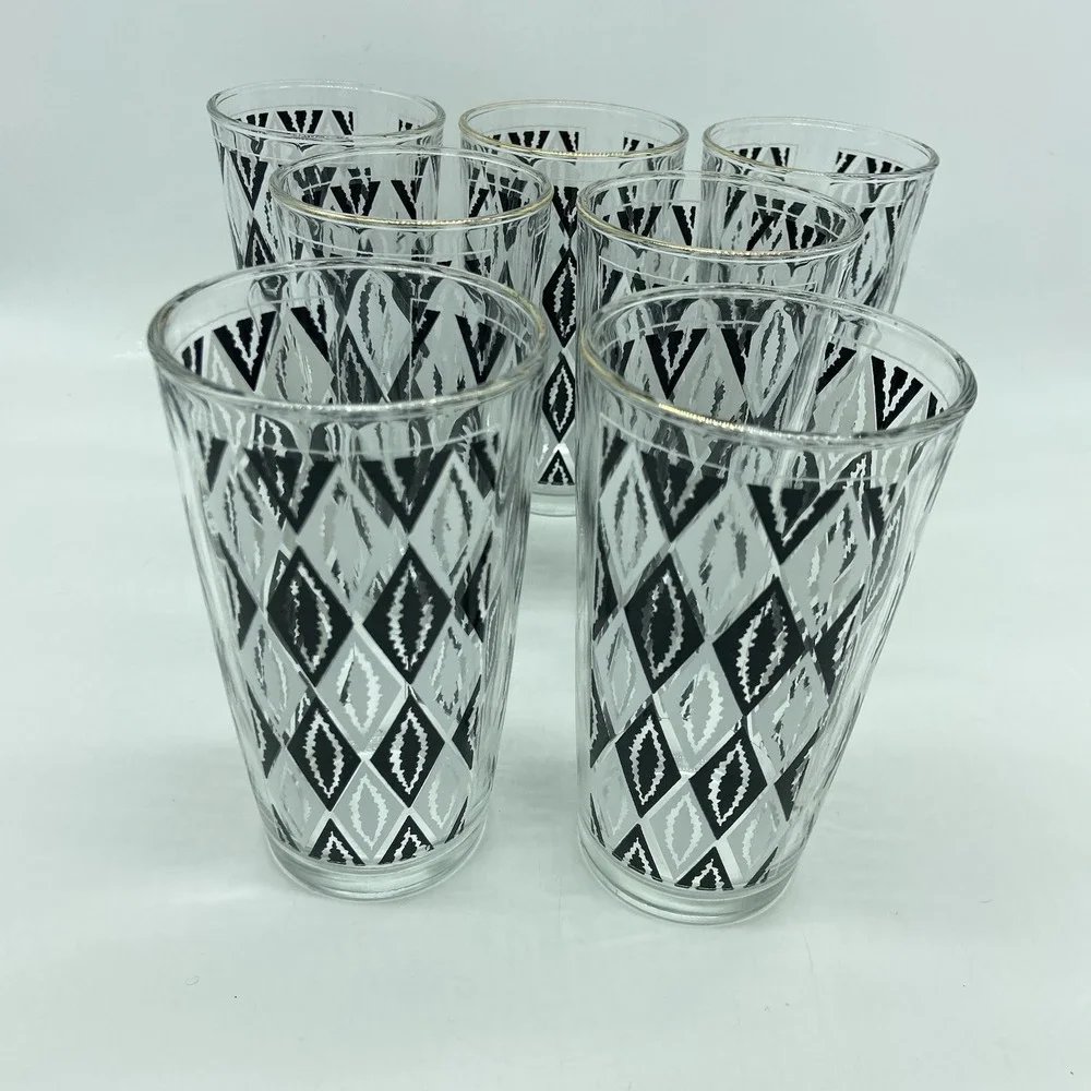 Libbey Harlequin Black & White Atomic Argyle Tumblers Set Of 7 MCM Retro Barware