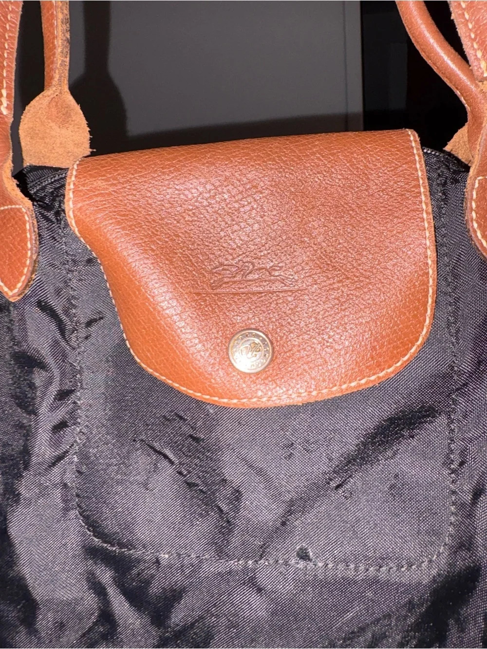 Longchamp Black Nylon Tote with Brown Leather Flap