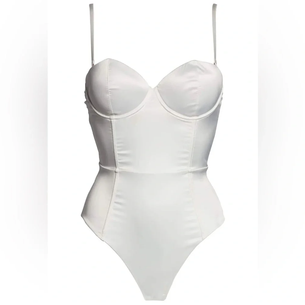 White Bustier-Style Satin Bodysuit Chemise