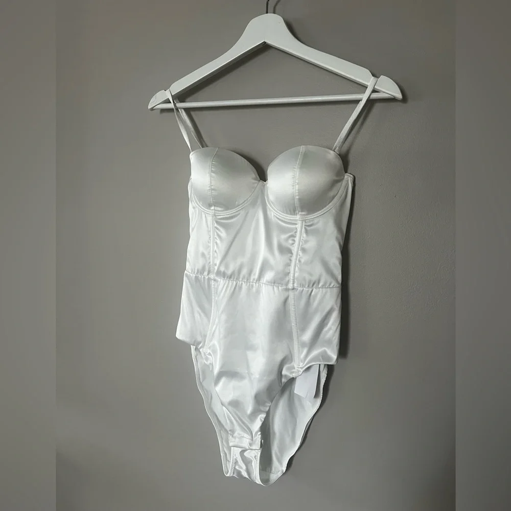 White Bustier-Style Satin Bodysuit Chemise