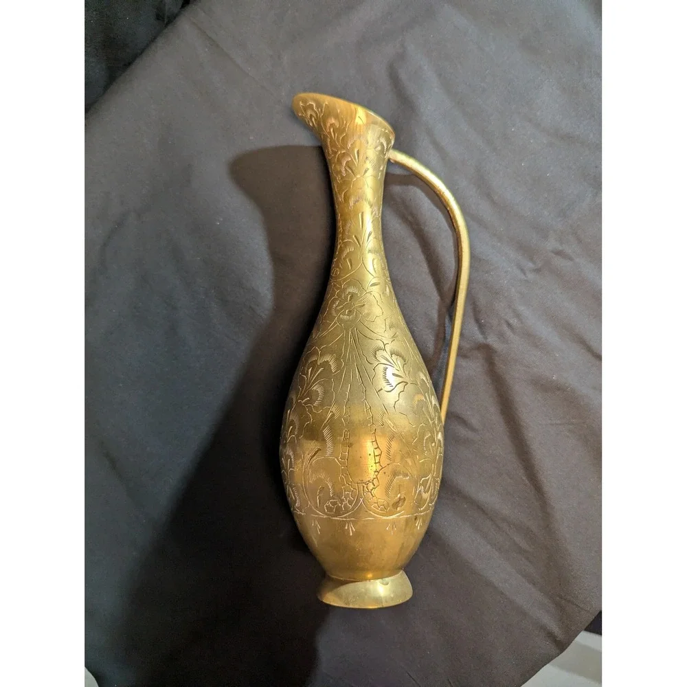 Vintage Brass Pitcher Etched Floral Hand Crafted India Decorative Vase 11in