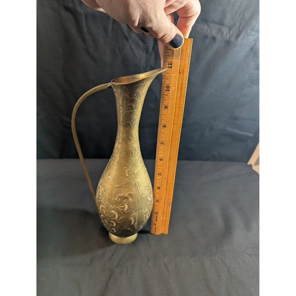 Vintage Brass Pitcher Etched Floral Hand Crafted India Decorative Vase 11in