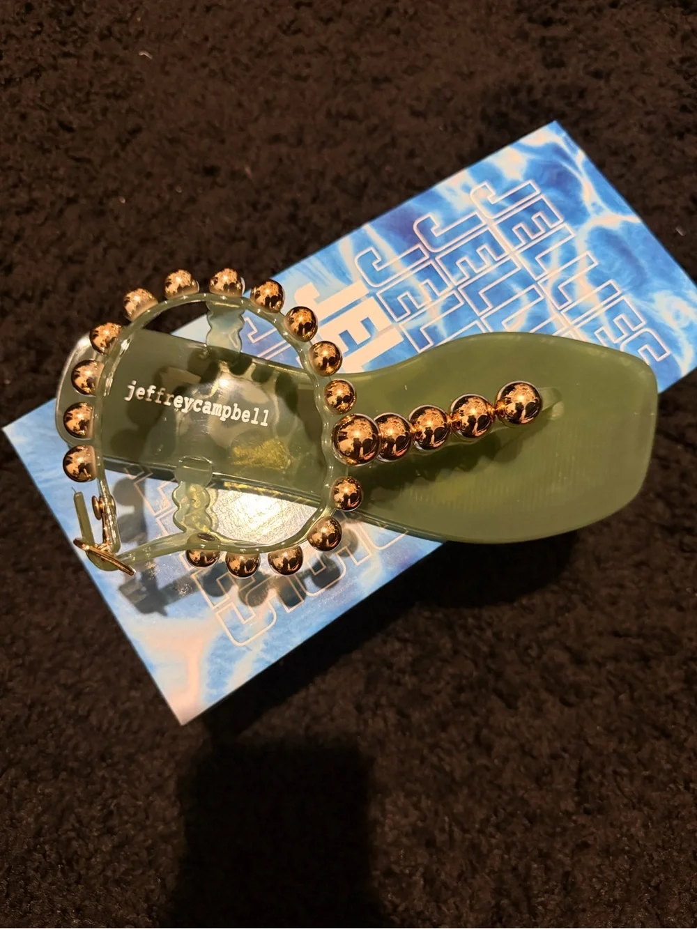 Jeffrey Campbell Olive Green Jelly Sandal with Gold Beaded Trim