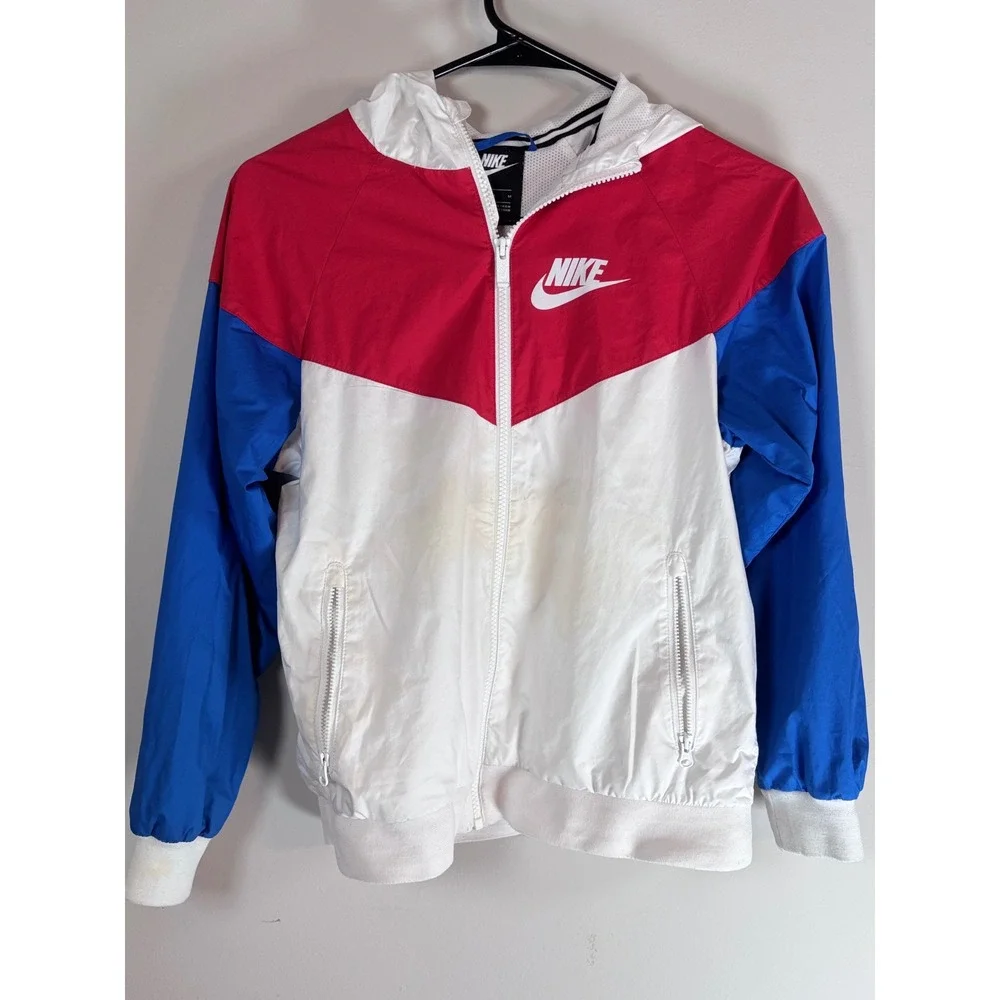 Nike Kids Windrunner Jacket Red White Blue Colorblock Hooded Windbreaker Medium