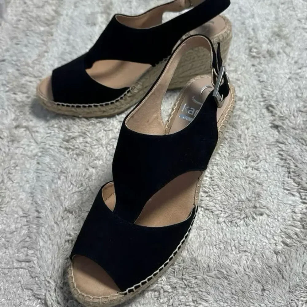 Kanna Ania Ante Black Suede Espadrille Slingback Peep Toe Wedge Sandal Size 39