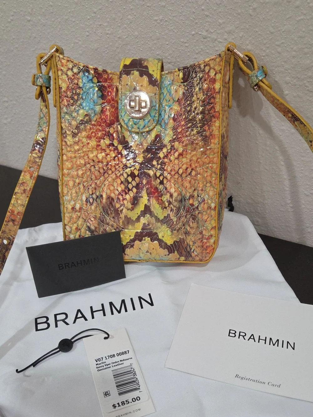Brahmin Sunny Viper Ombre Melbourn Yellow Multi-Color Embossed Leather Crossbody