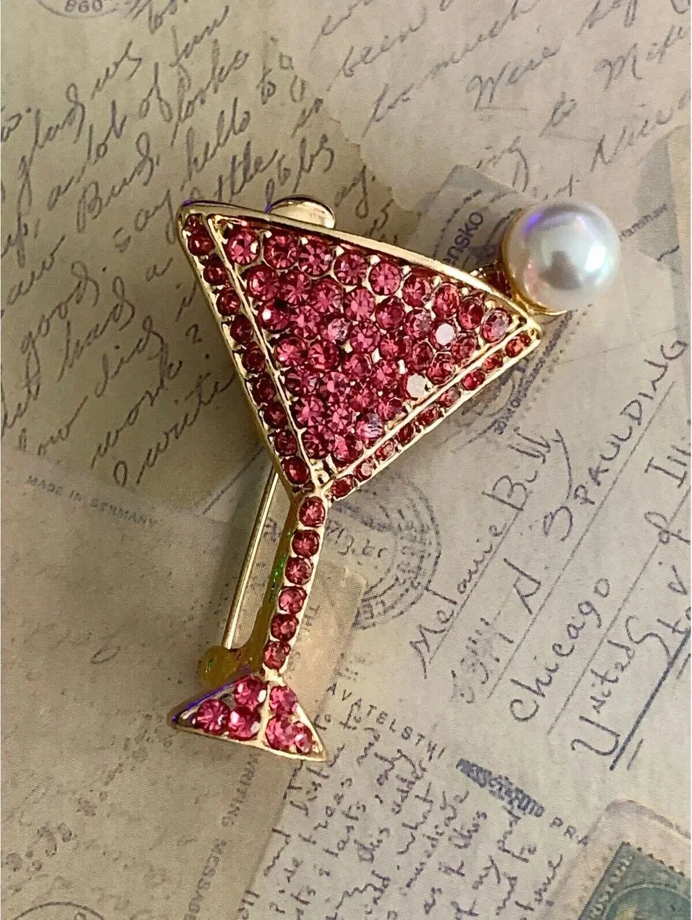 Sparkly Pink Martini Glass Brooch with Pearl Accent – Glam Cocktail Pin