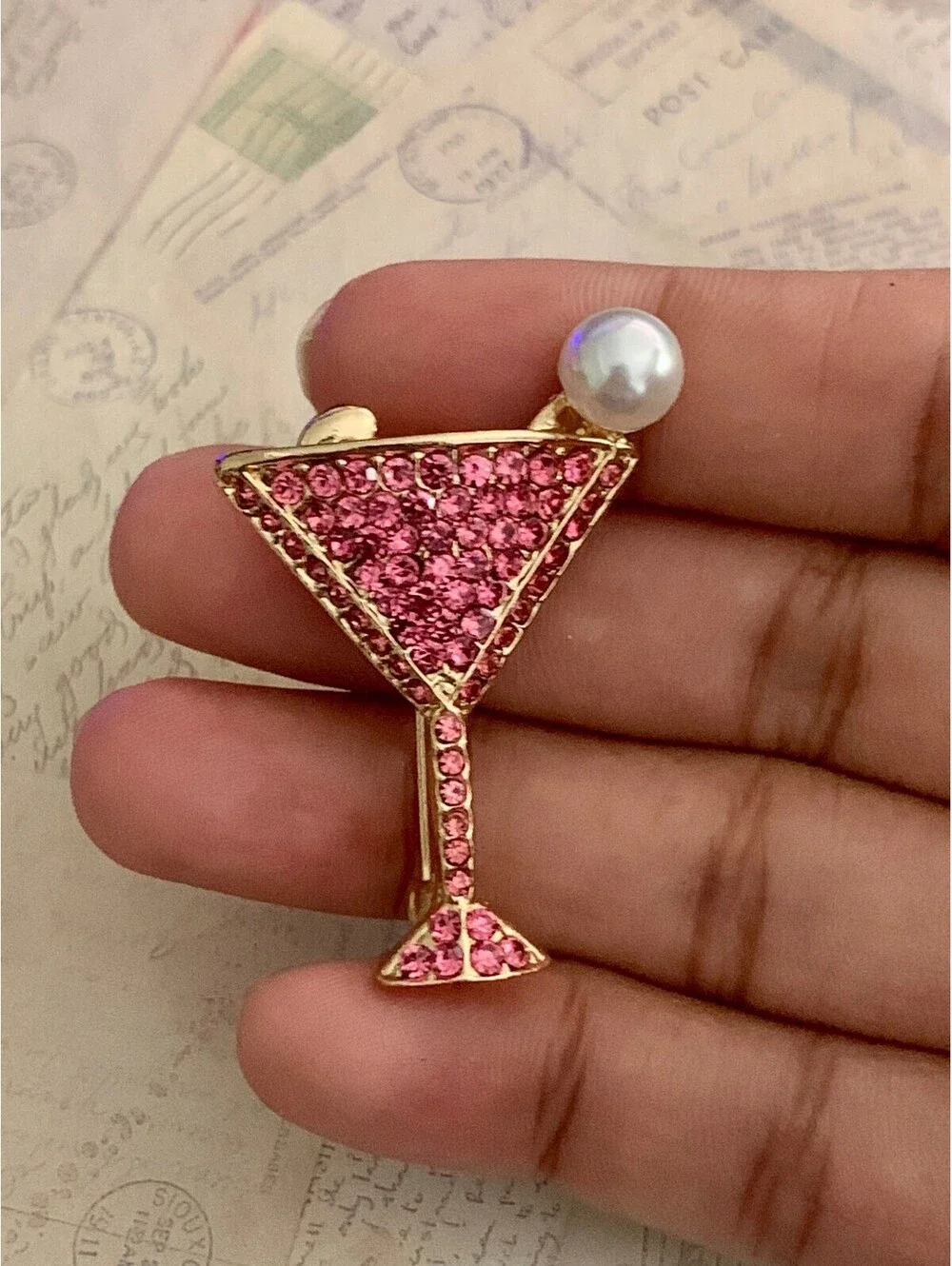 Sparkly Pink Martini Glass Brooch with Pearl Accent – Glam Cocktail Pin