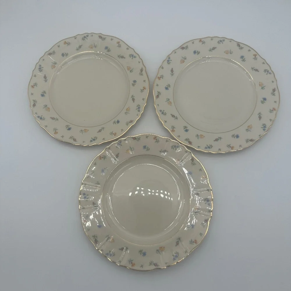 3 Syracuse China Suzanne Federal Shape Salad Plates Gold Rim Set of
