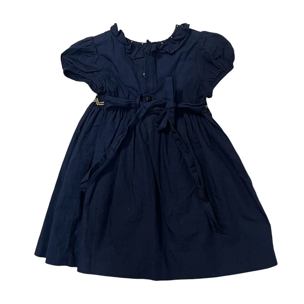 Edgehill Collection Girls 12M Navy Blue Smocked Ruffle Dress Yellow Embroidery