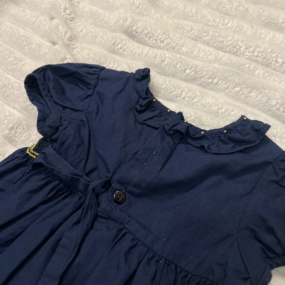 Edgehill Collection Girls 12M Navy Blue Smocked Ruffle Dress Yellow Embroidery
