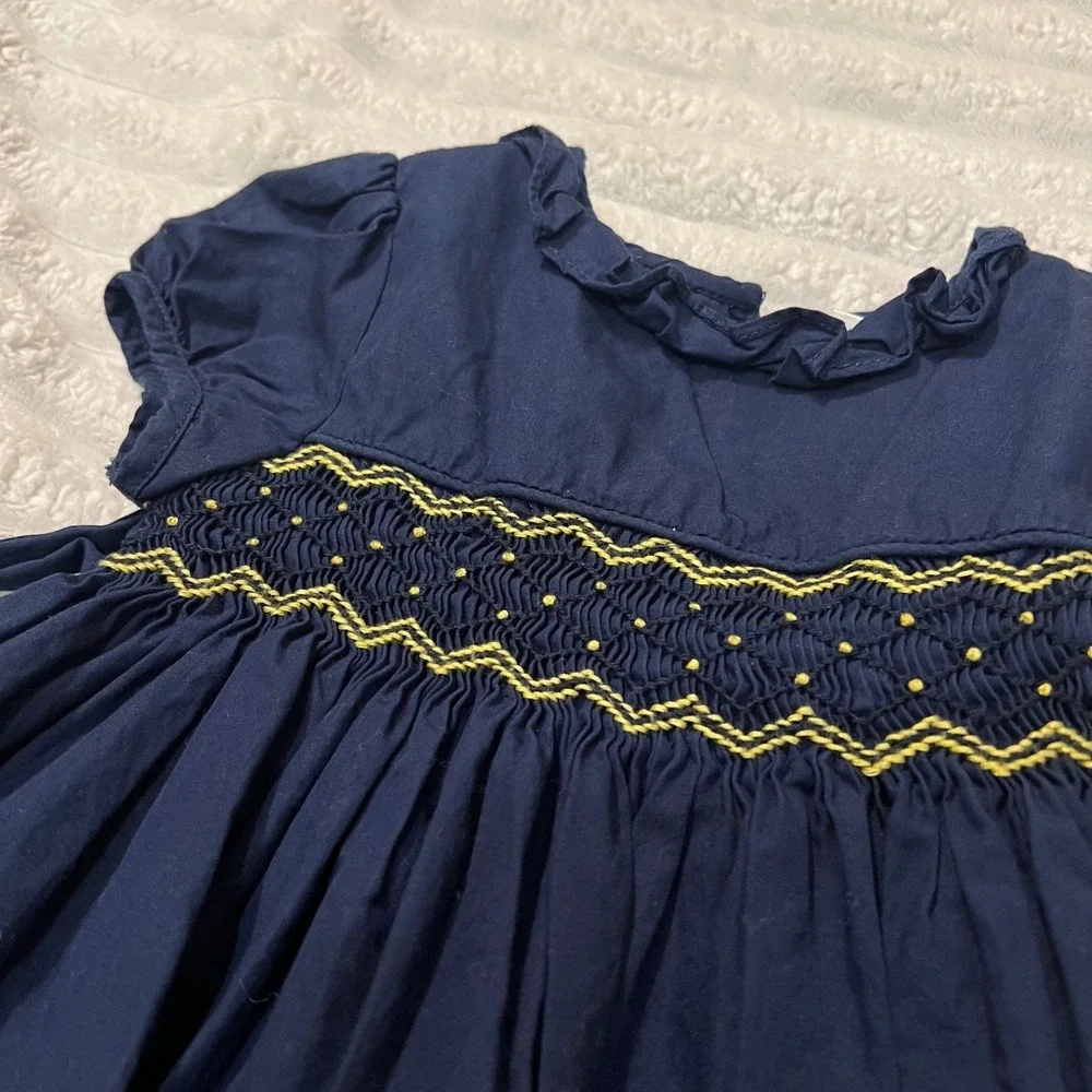 Edgehill Collection Girls 12M Navy Blue Smocked Ruffle Dress Yellow Embroidery