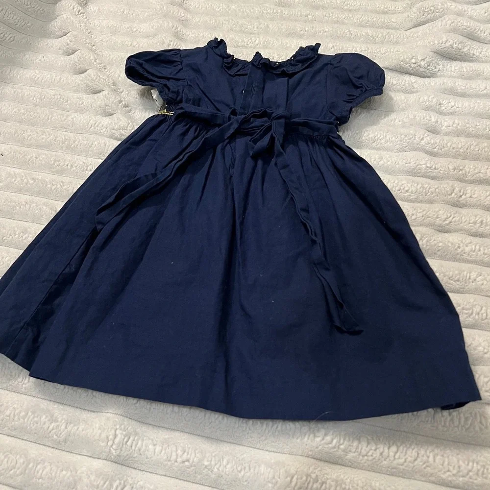 Edgehill Collection Girls 12M Navy Blue Smocked Ruffle Dress Yellow Embroidery