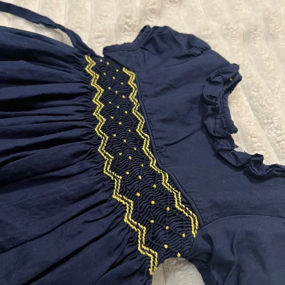 Edgehill Collection Girls 12M Navy Blue Smocked Ruffle Dress Yellow Embroidery
