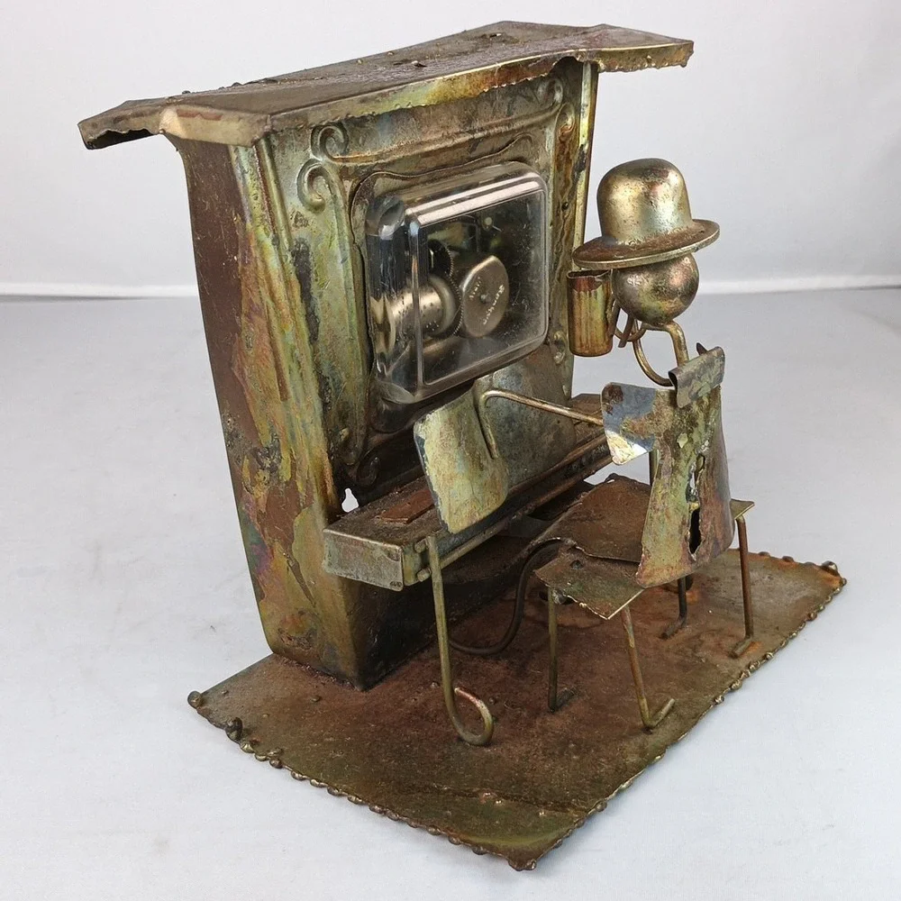 VTG Piano Man Copper Tin Sculpture Music Box Saloon Bar Folk Art PLAYS!