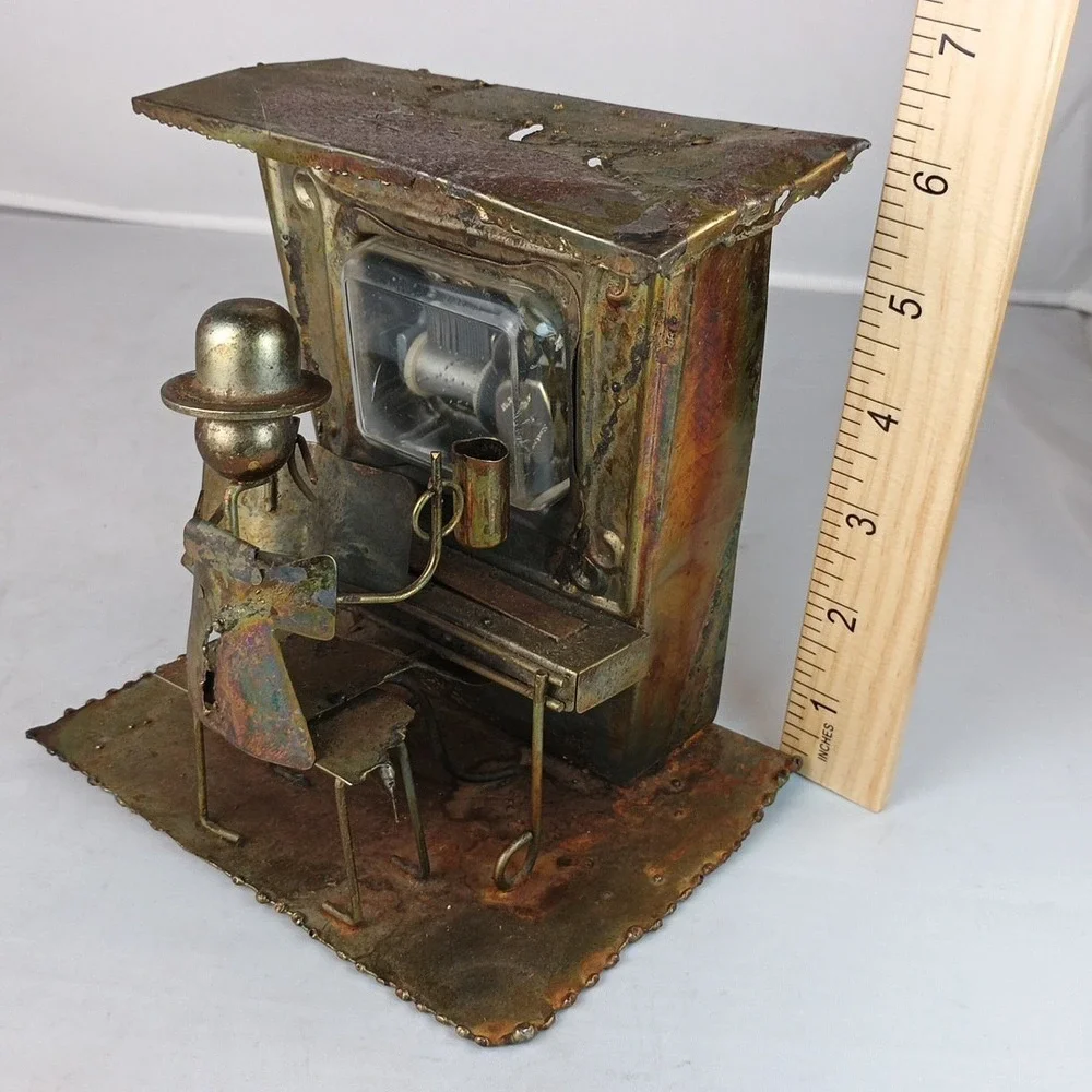 VTG Piano Man Copper Tin Sculpture Music Box Saloon Bar Folk Art PLAYS!