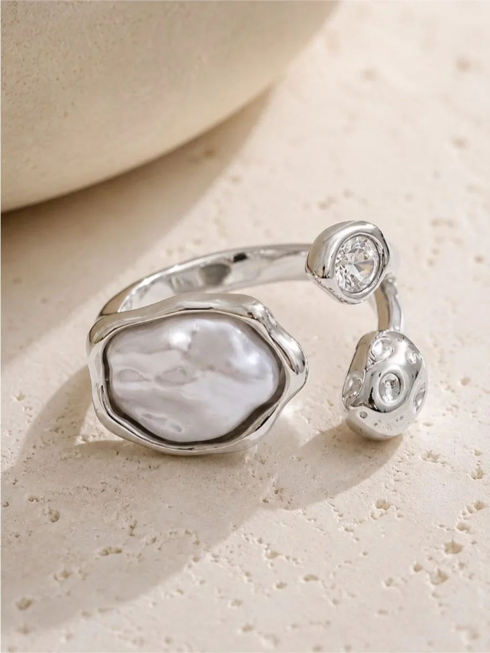 Silver tone Pearl and Crystal Open Ring