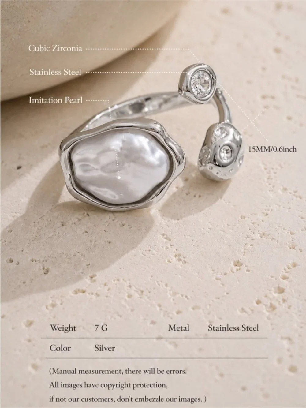Silver tone Pearl and Crystal Open Ring