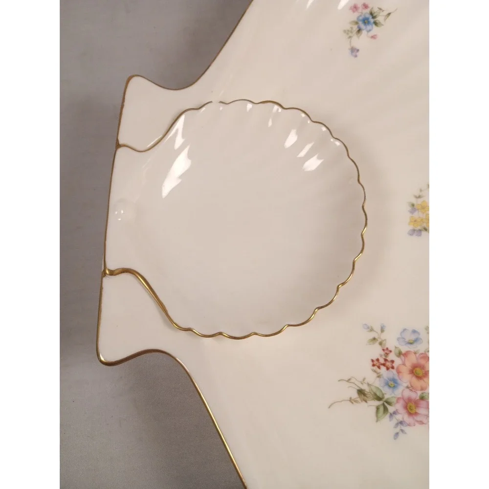 Vtg Rare Bone China Shell Shape Platter w Dip section Gold Edging  (10