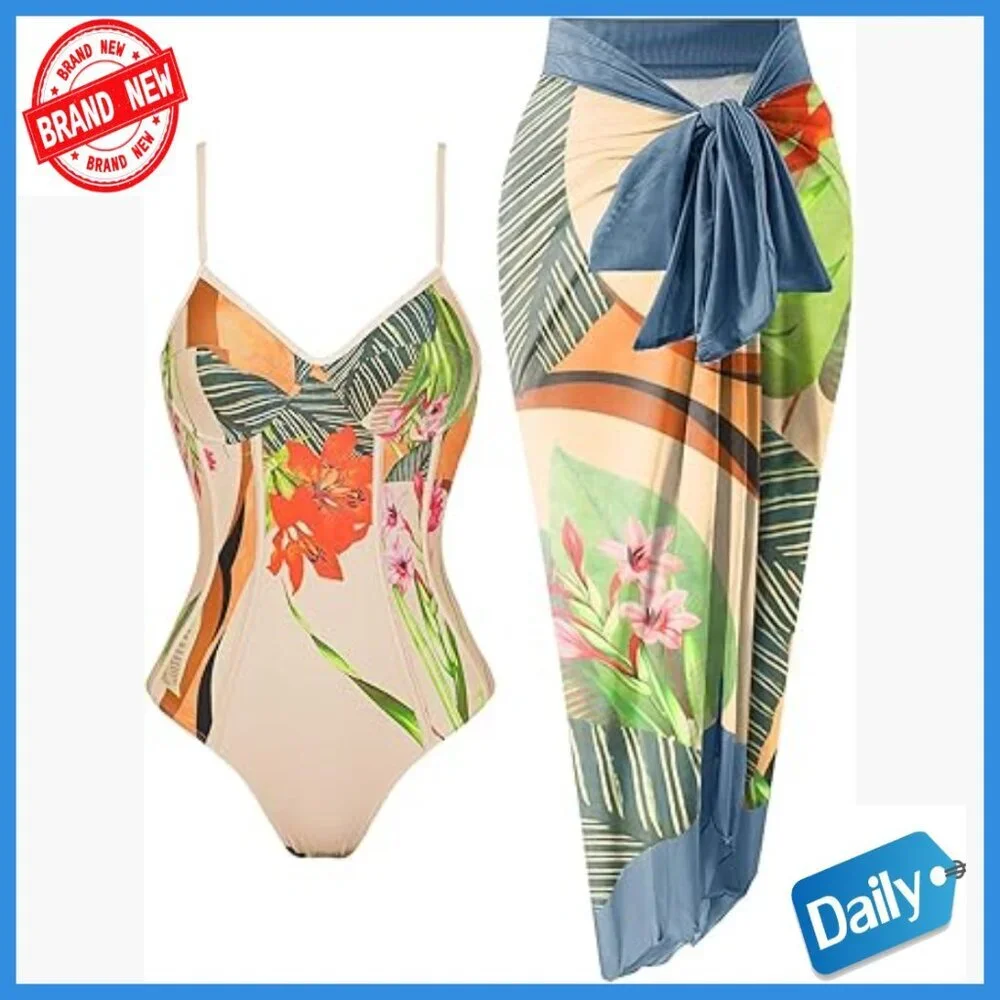 Floral One Piece Swimsuit with Sarong Cover Up Set Medium