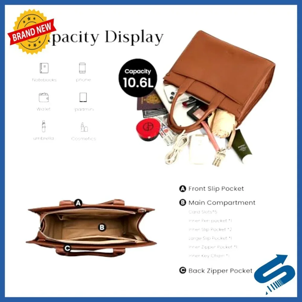 Genuine Leather Tote Crossbody Bag with Top Handle and Zipper