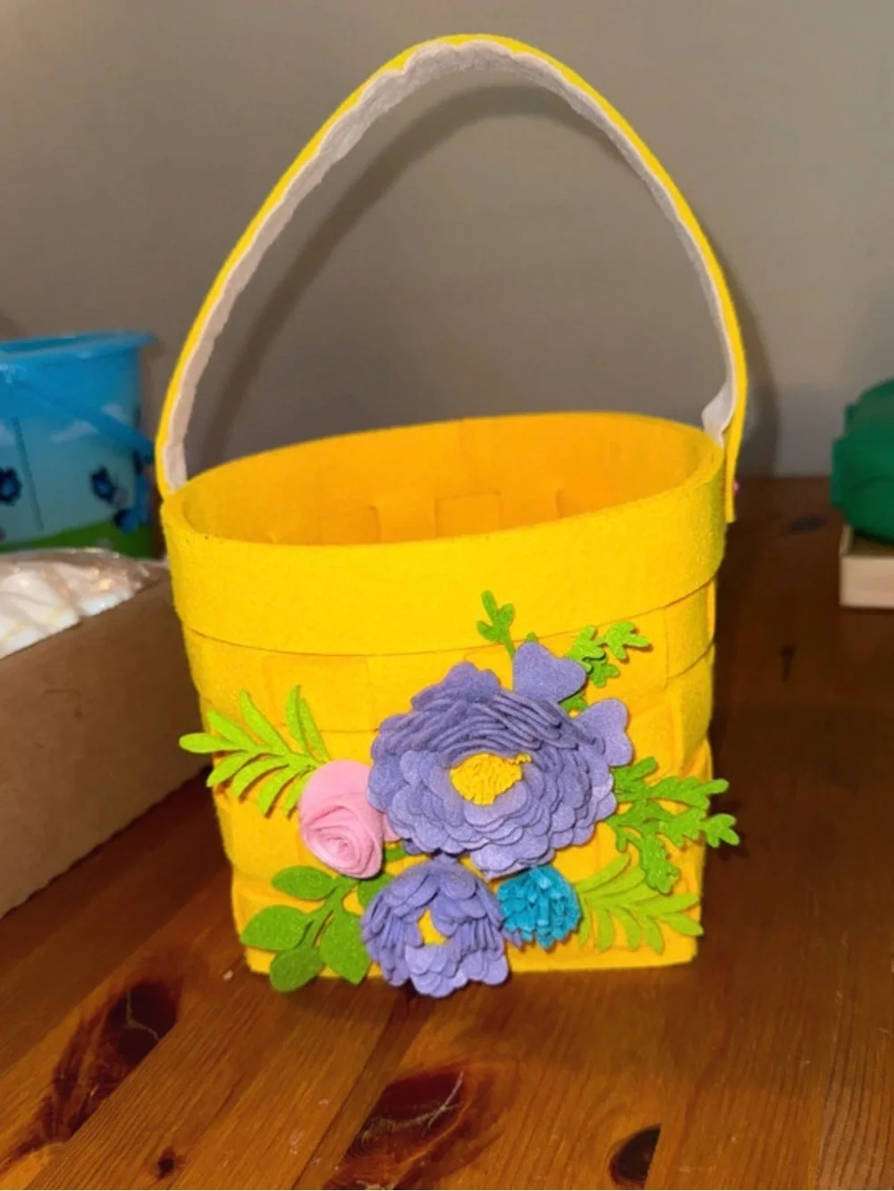 Yellow  Basket with Purple & Pink Flower Accents