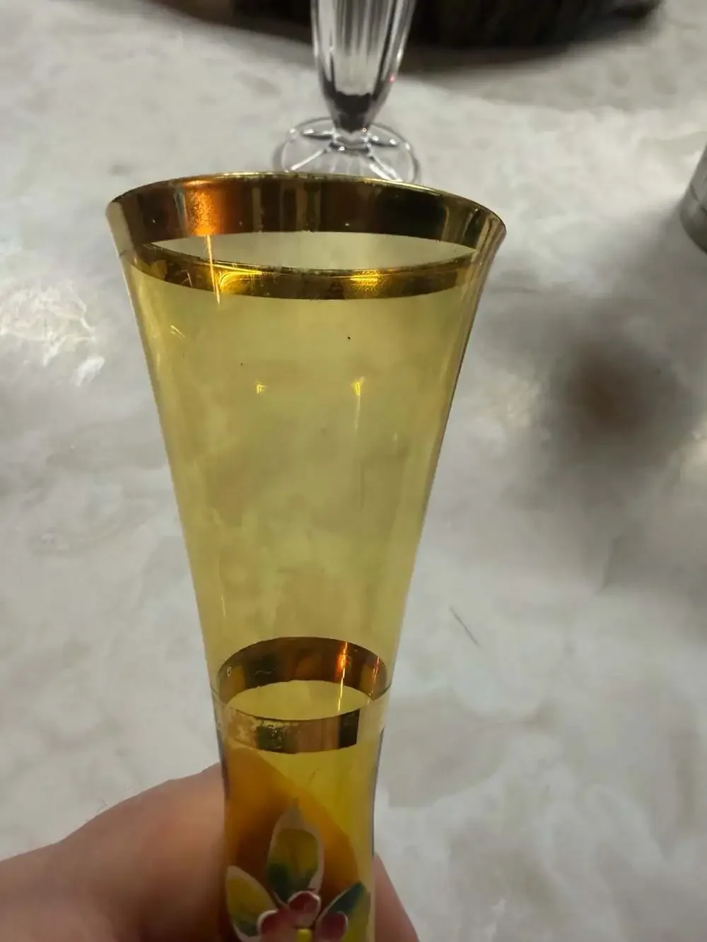 Vintage Amber Art Glass Bud Vase Hand Painted Enamel Floral & Gold Trim Made in