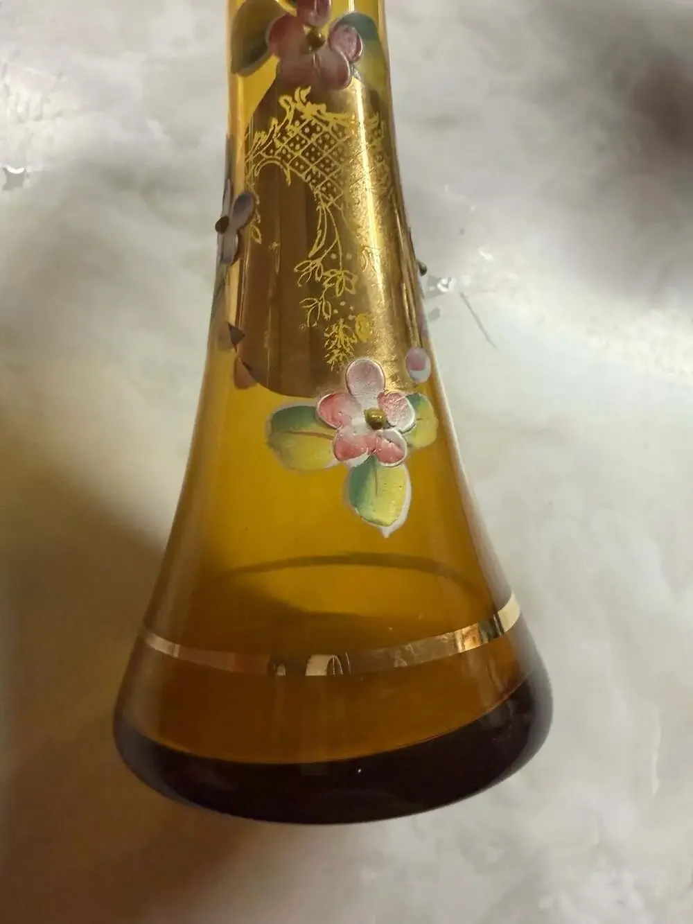 Vintage Amber Art Glass Bud Vase Hand Painted Enamel Floral & Gold Trim Made in