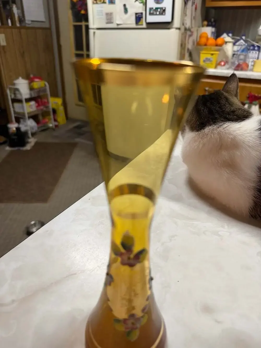 Vintage Amber Art Glass Bud Vase Hand Painted Enamel Floral & Gold Trim Made in