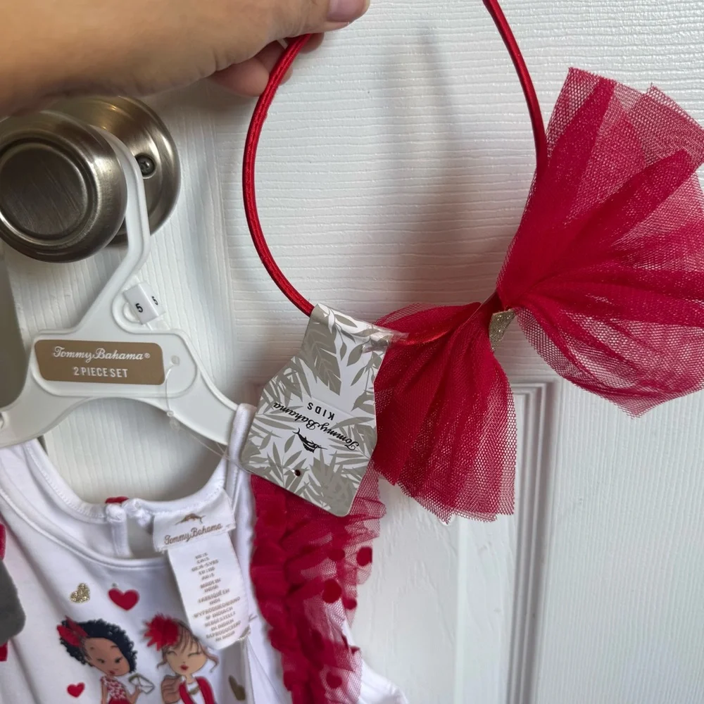 Tommy Bahama 2 Piece Girls Red White Valentine’s Tulle Dress Size 5 Headband NEW