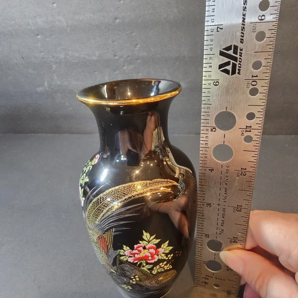 Vtg Black Japanese Cobalt Quail Hand-painted Vase Excellent Condition