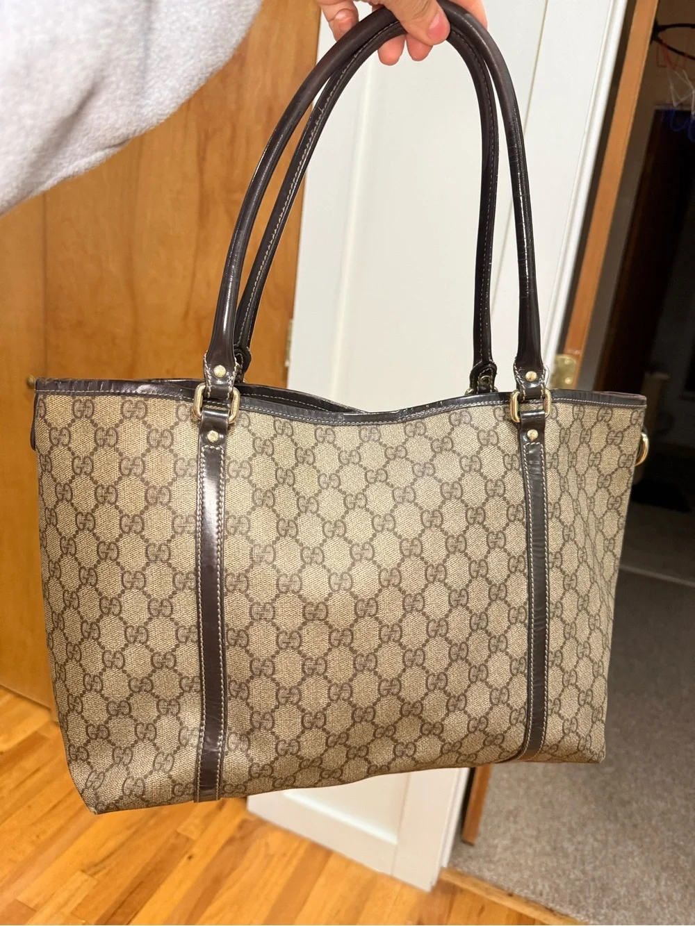 Gucci Beige GG Canvas Tote with Dark Brown Trim