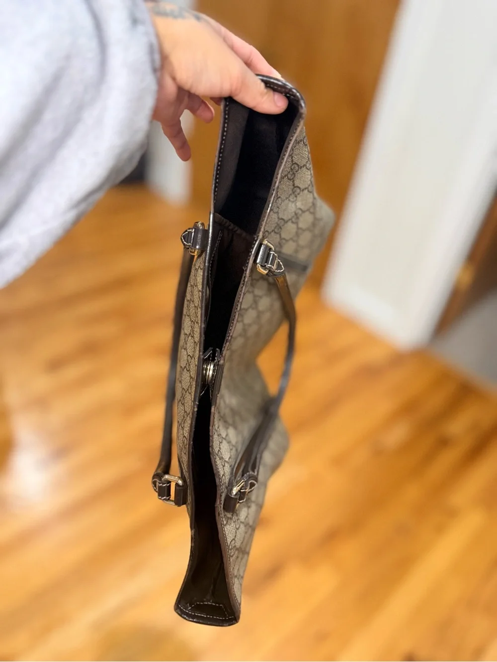 Gucci Beige GG Canvas Tote with Dark Brown Trim