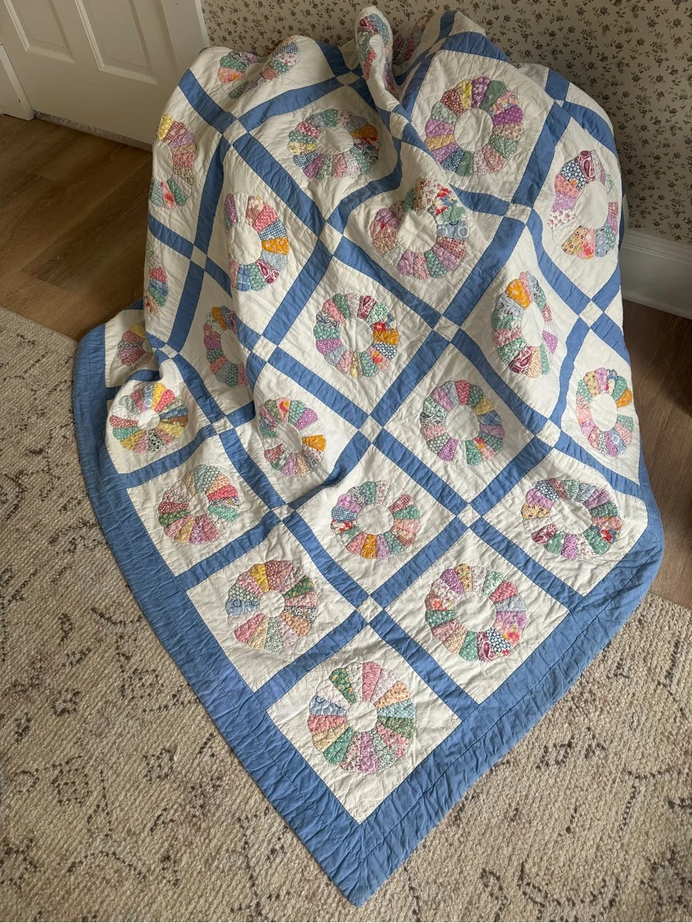 Hand stitched dresen plate blue sashing quilt 70