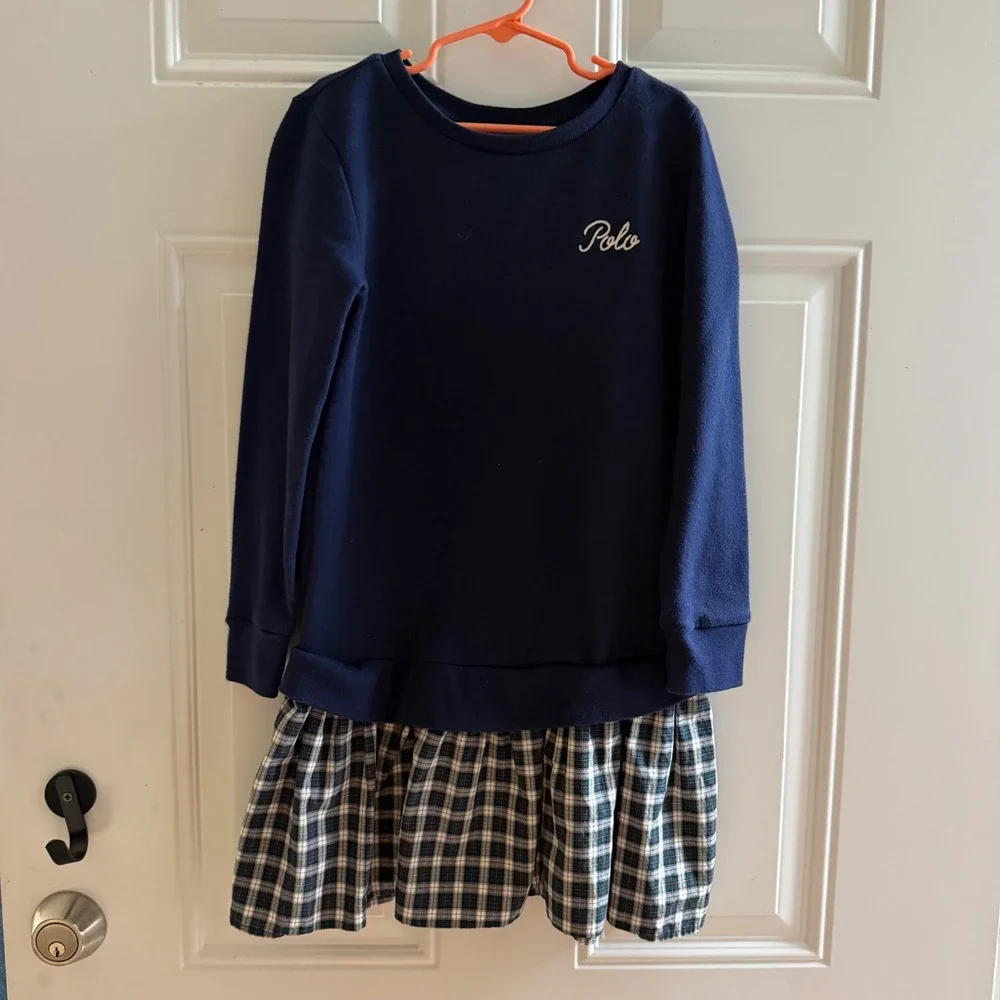 Polo Ralph Lauren Girls Navy Blue Sweatshirt Plaid Skirt Dress Size M 8-10