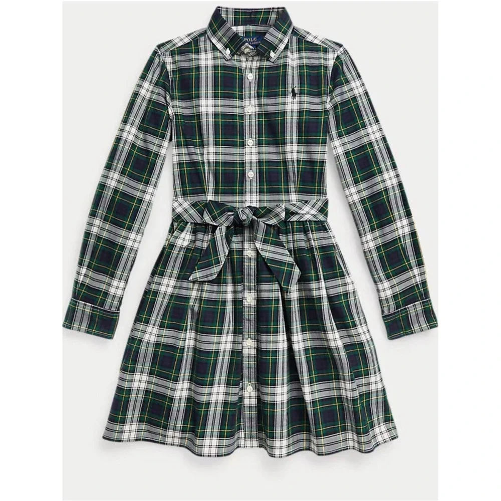 Polo Ralph Lauren girls' plaid cotton twill shirtdress with a tie-waist belt