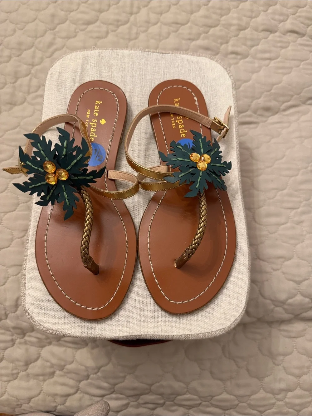 kate spade New York Tan Leather Floral Thong Sandals