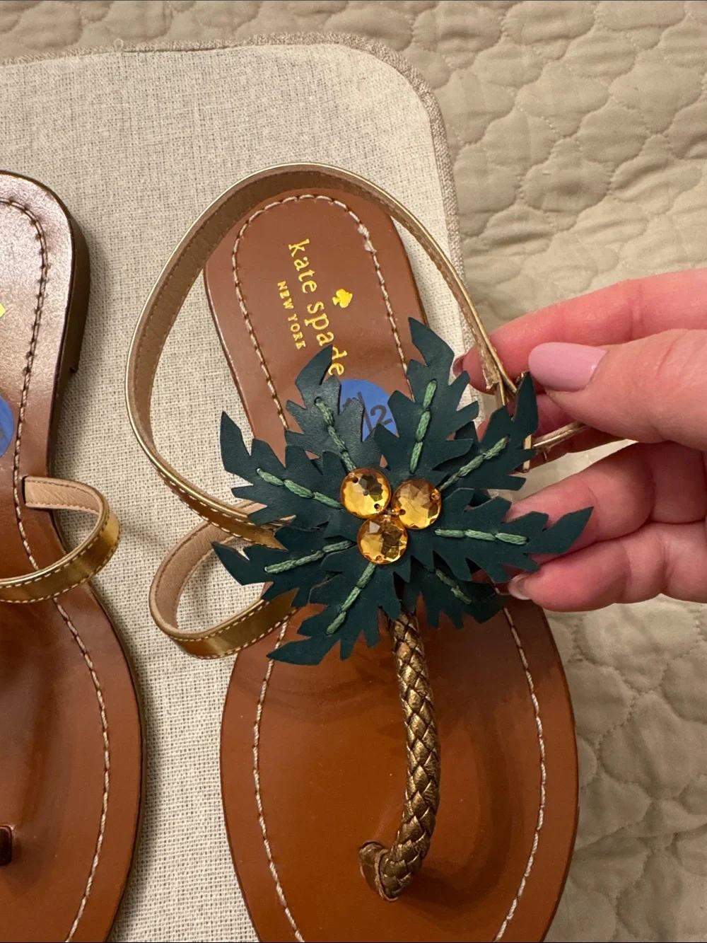 kate spade New York Tan Leather Floral Thong Sandals