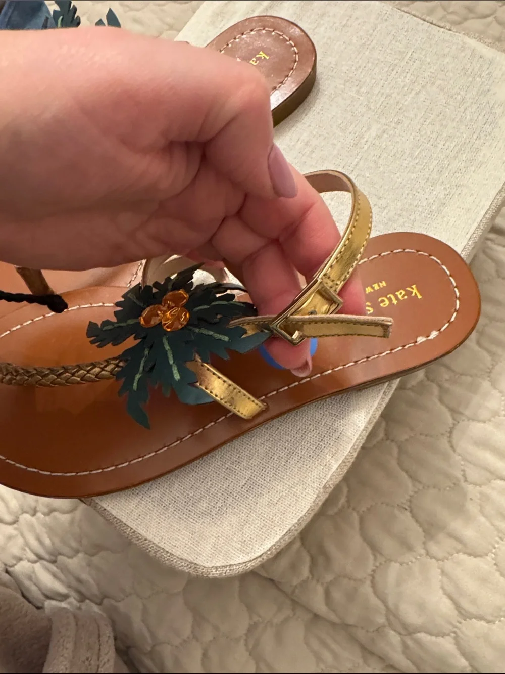 kate spade New York Tan Leather Floral Thong Sandals