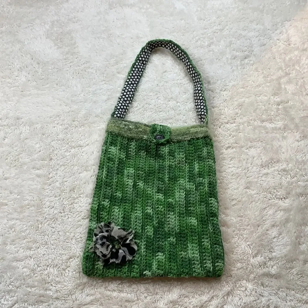 Handmade green crochet‎ and fabric flower tote bag