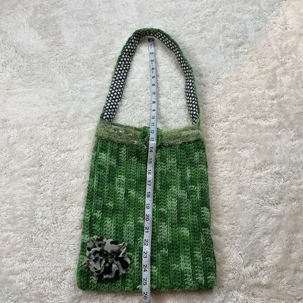 Handmade green crochet‎ and fabric flower tote bag