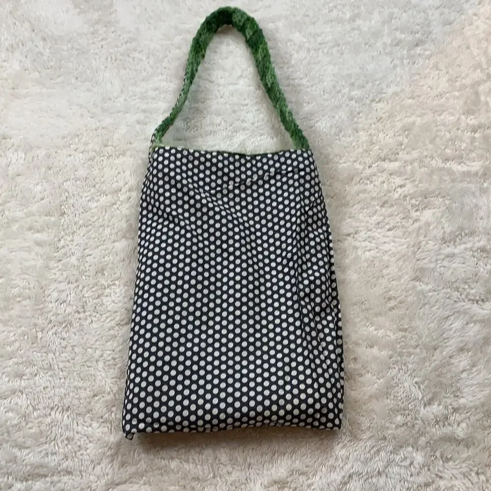 Handmade green crochet‎ and fabric flower tote bag
