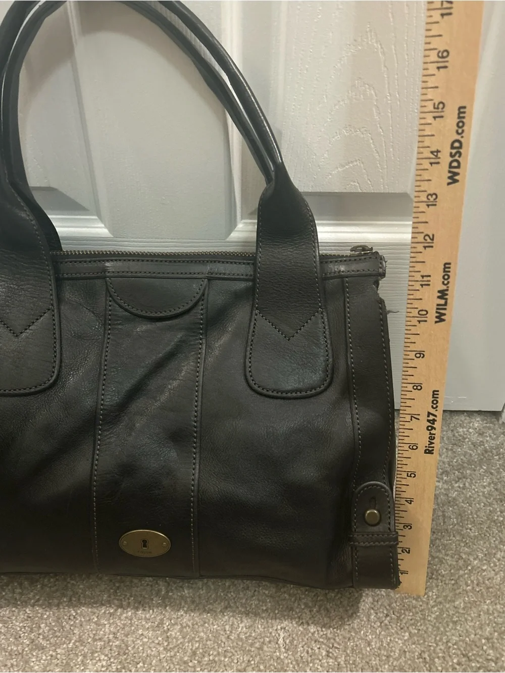 Fossil Dark Brown Leather Satchel Shoulder Bag Key Charm