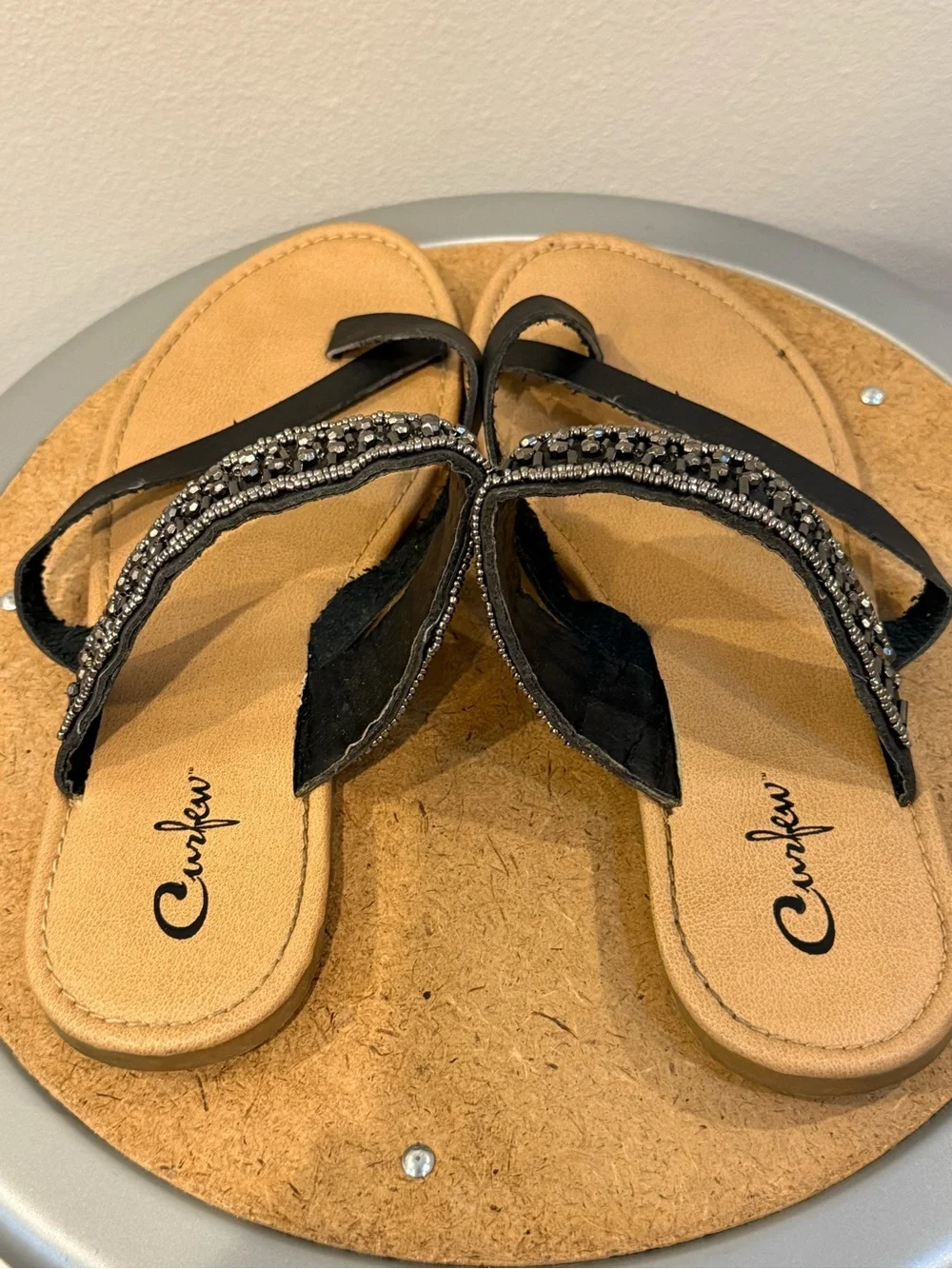 Curfew Black Beaded Strappy Sandals with Tan Footbed