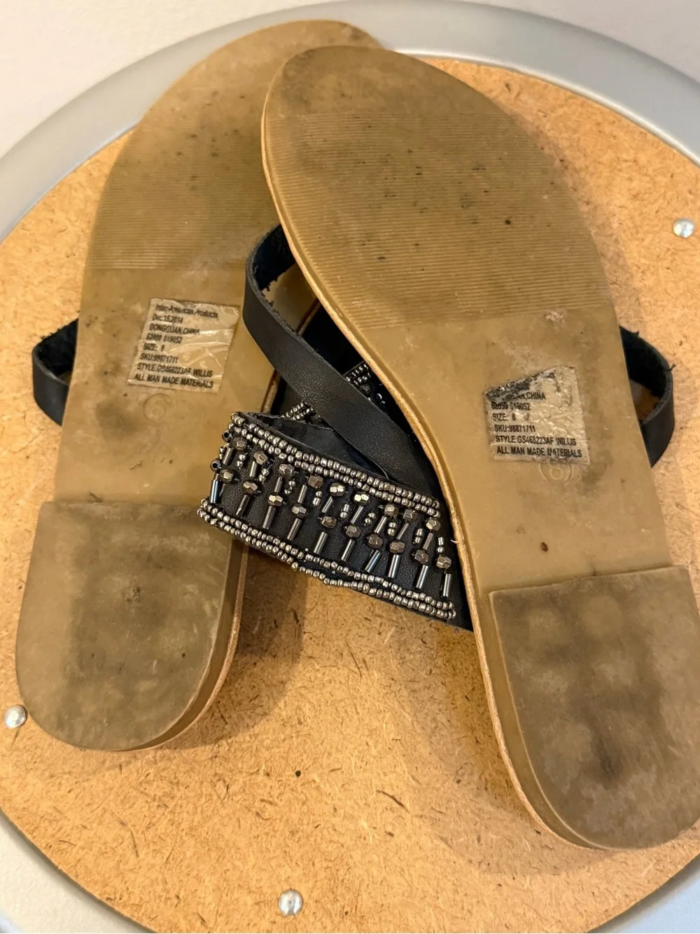Curfew Black Beaded Strappy Sandals with Tan Footbed