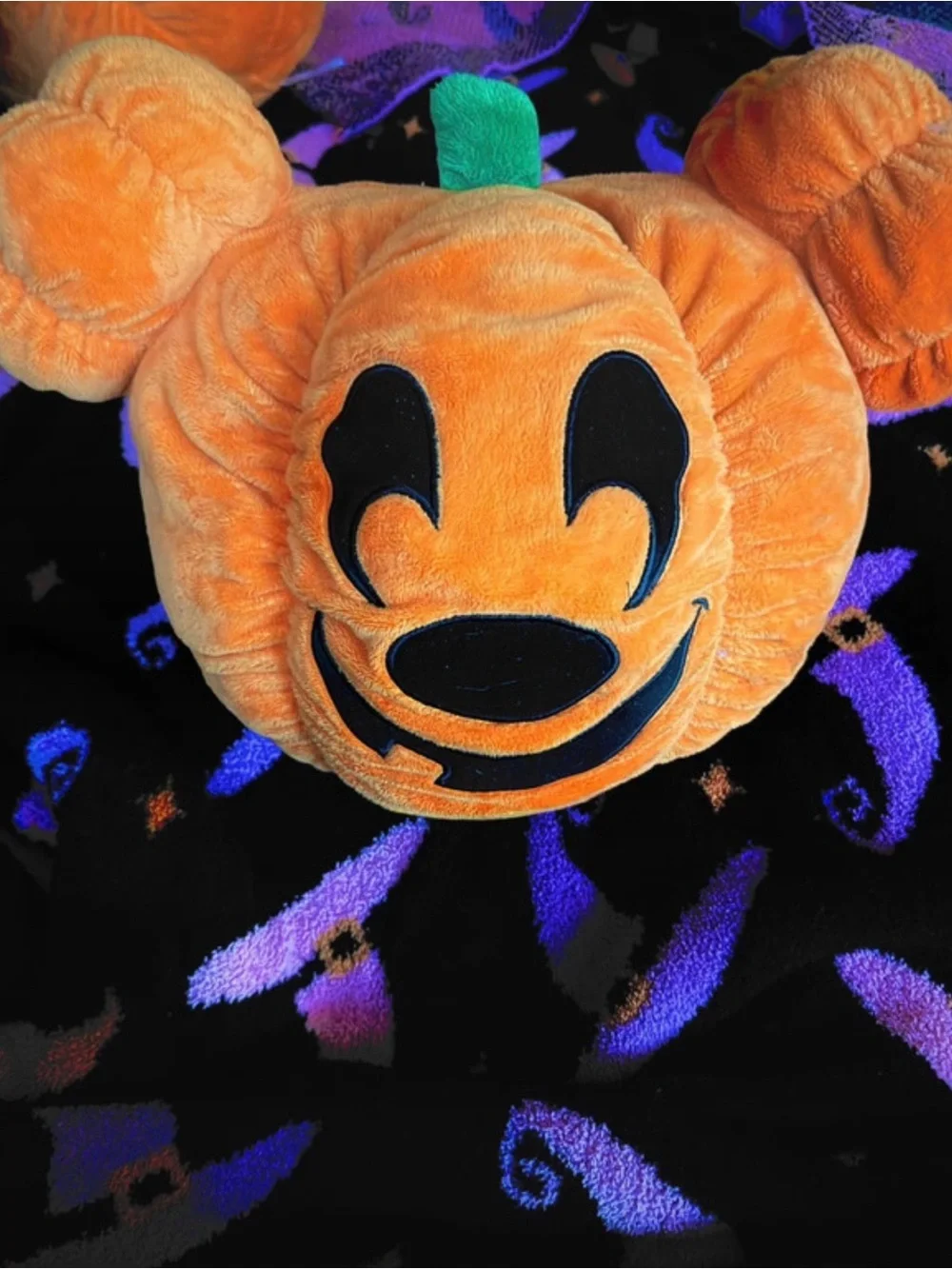 Disney Orange Pumpkin Mickey Plush with Black Facial Details and Green Stem